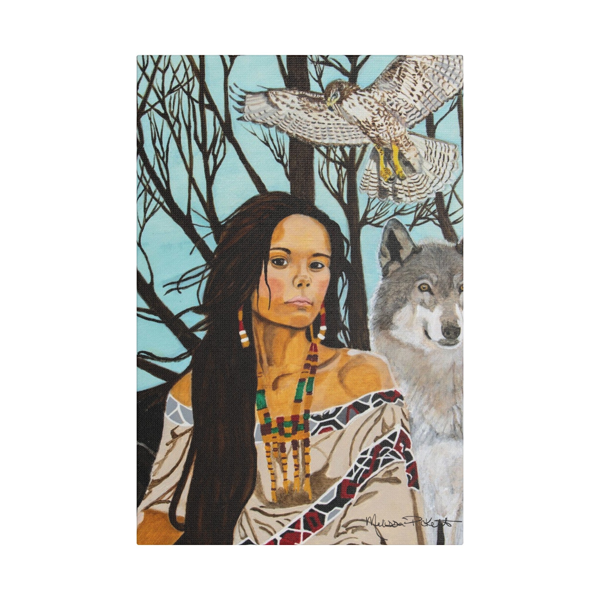 Native American Girl, Wolf, & Hawk | Satin Canvas, Stretched