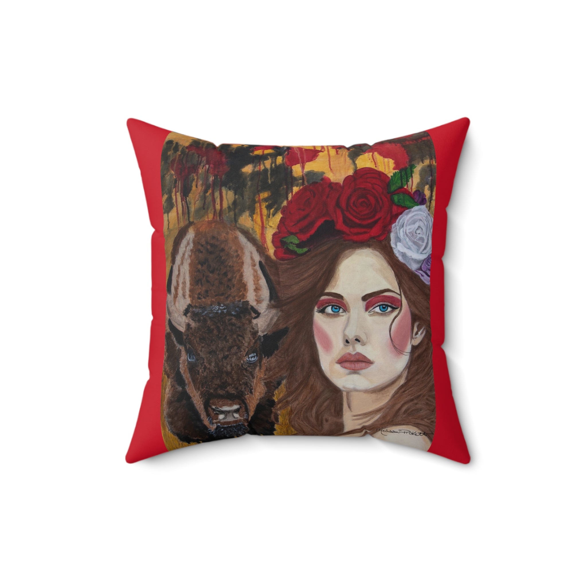 Woman & Bison | Spun Polyester Square Pillow