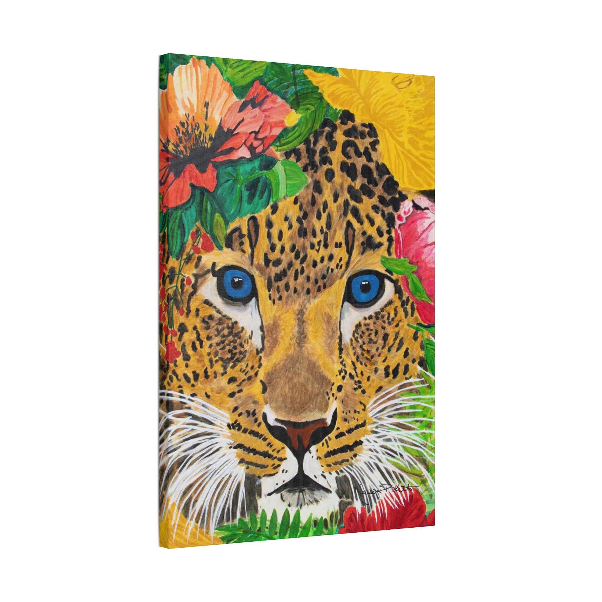 Jaguar & Flowers | Satin Canvas, Stretched