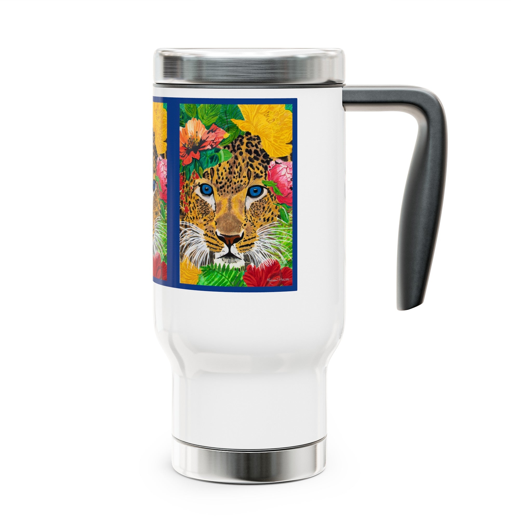 Jaguar & Flowers | Stainless Steel Travel Mug with Handle, 14oz