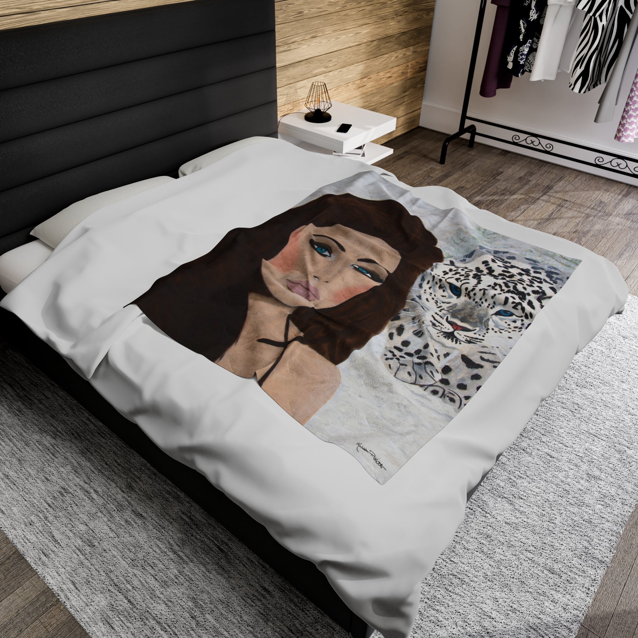 Woman & Snow Leopard | Velveteen Plush Blanket