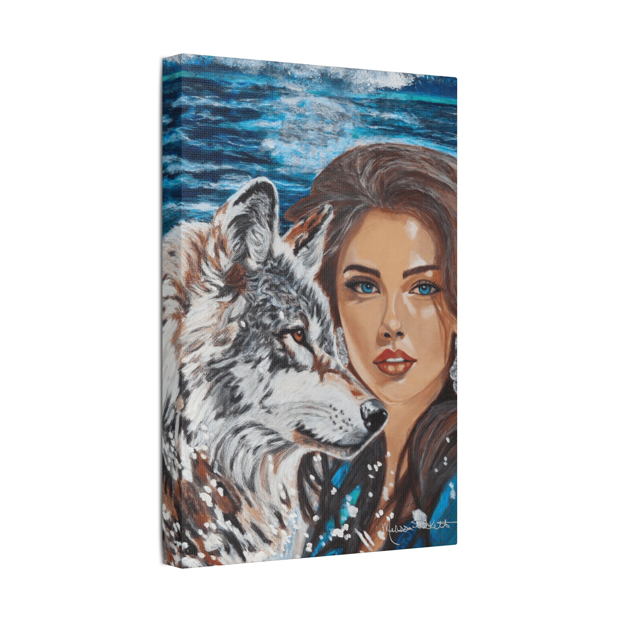 Moonlit Woman & Wolf | Satin Canvas, Stretched