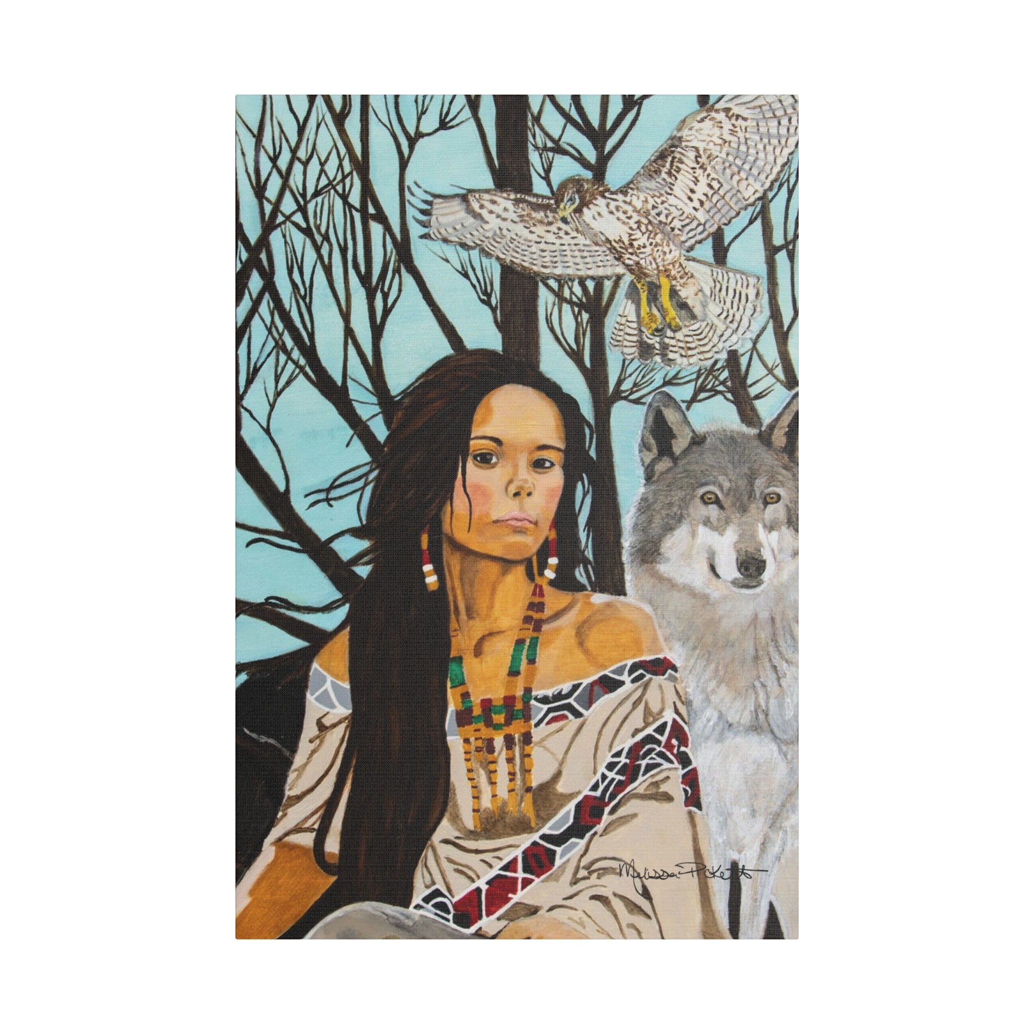 Native American Girl, Wolf, & Hawk | Satin Canvas, Stretched