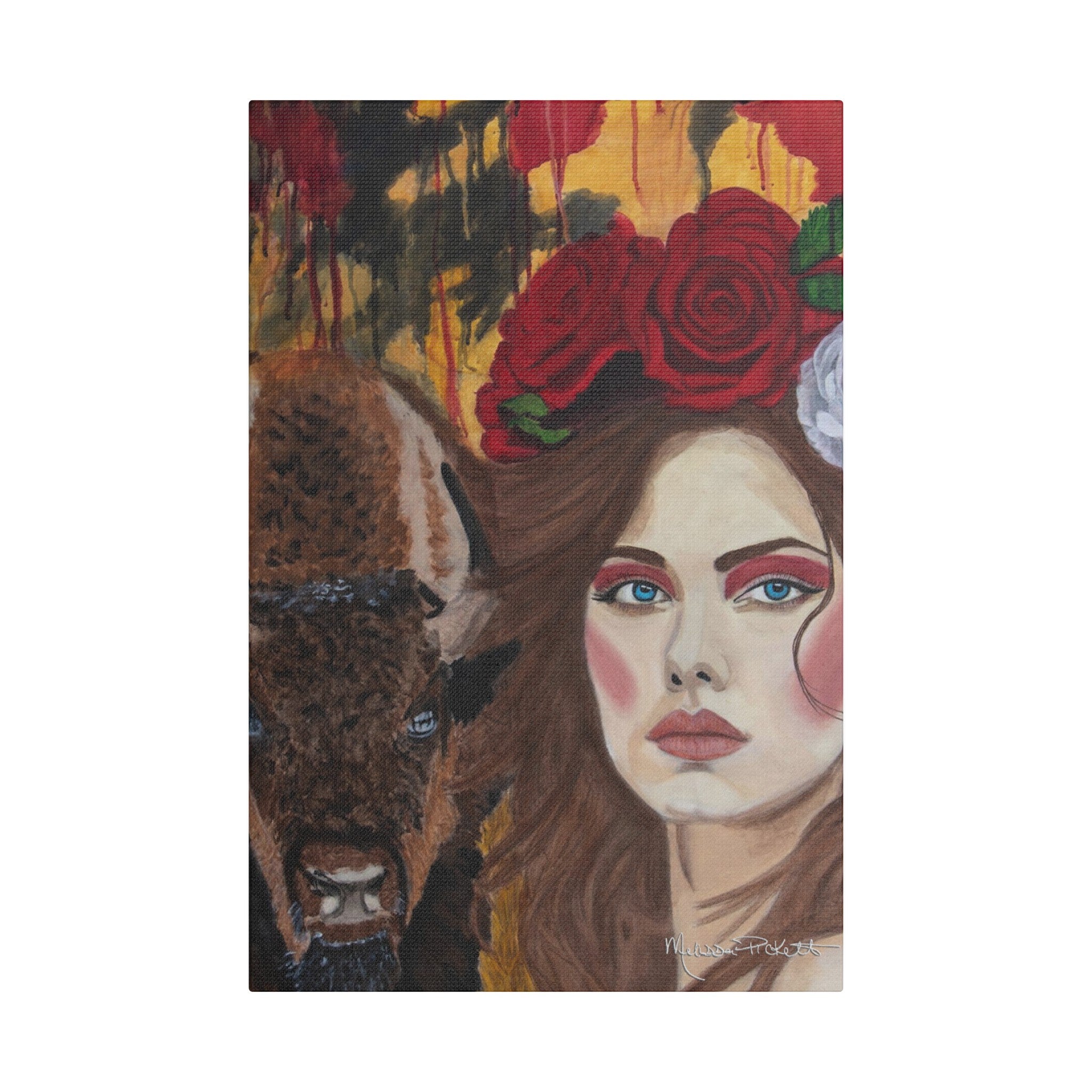 Woman & Bison | Satin Canvas, Stretched