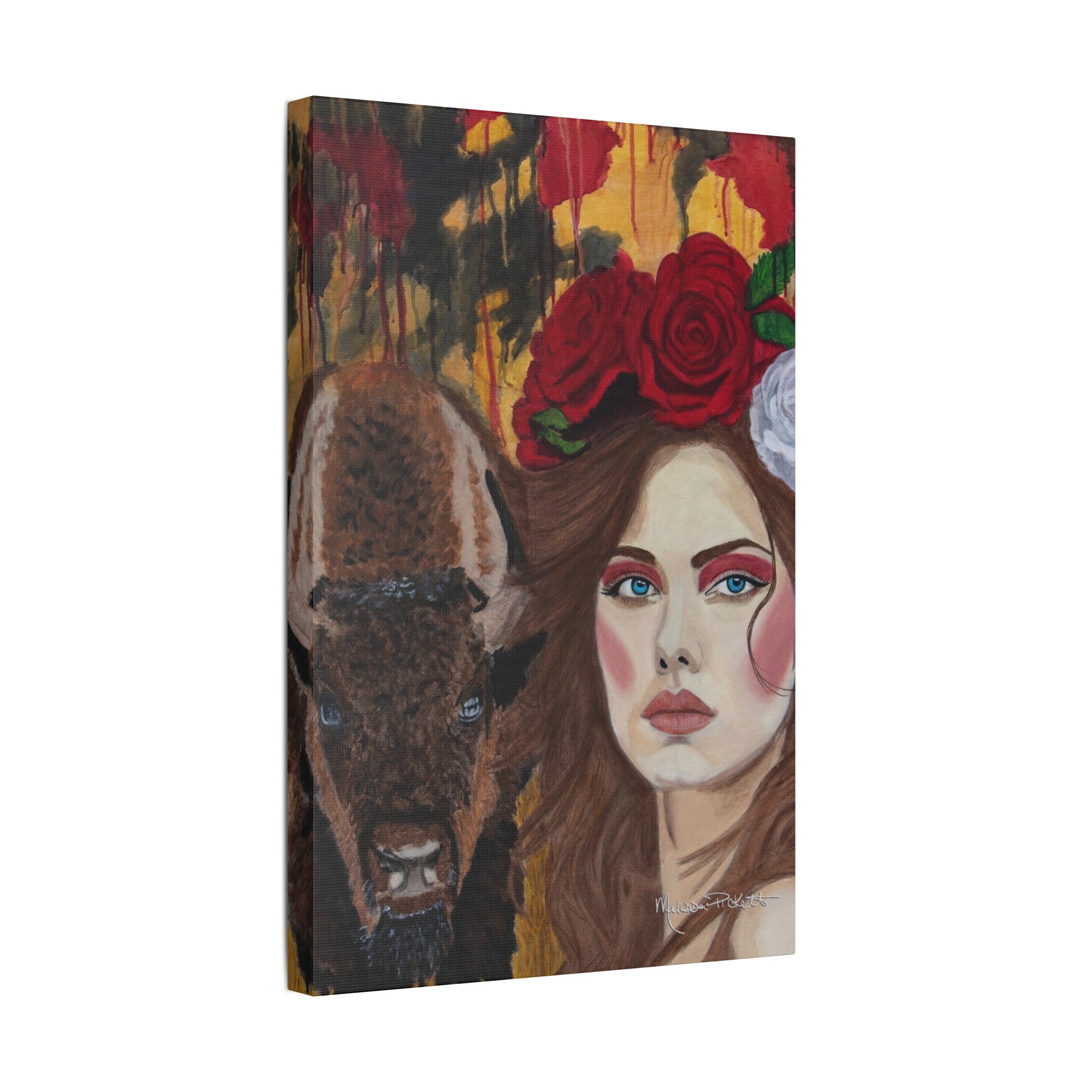 Woman & Bison | Satin Canvas, Stretched