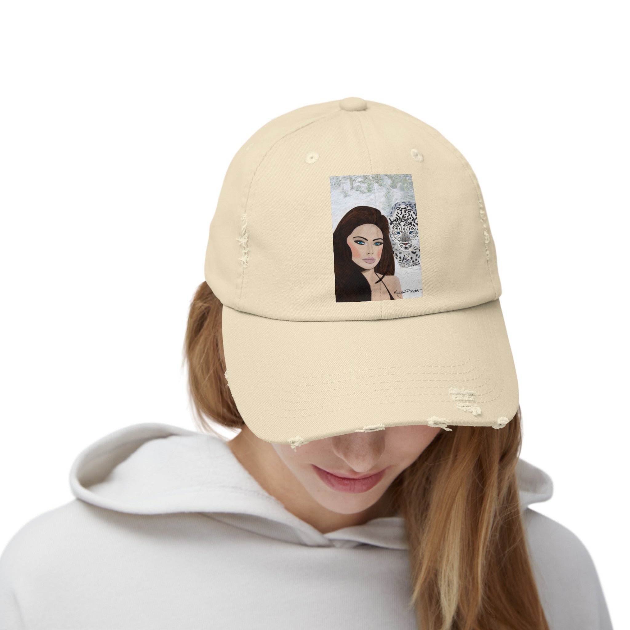 Woman & Snow Leopard | Unisex Distressed Cap