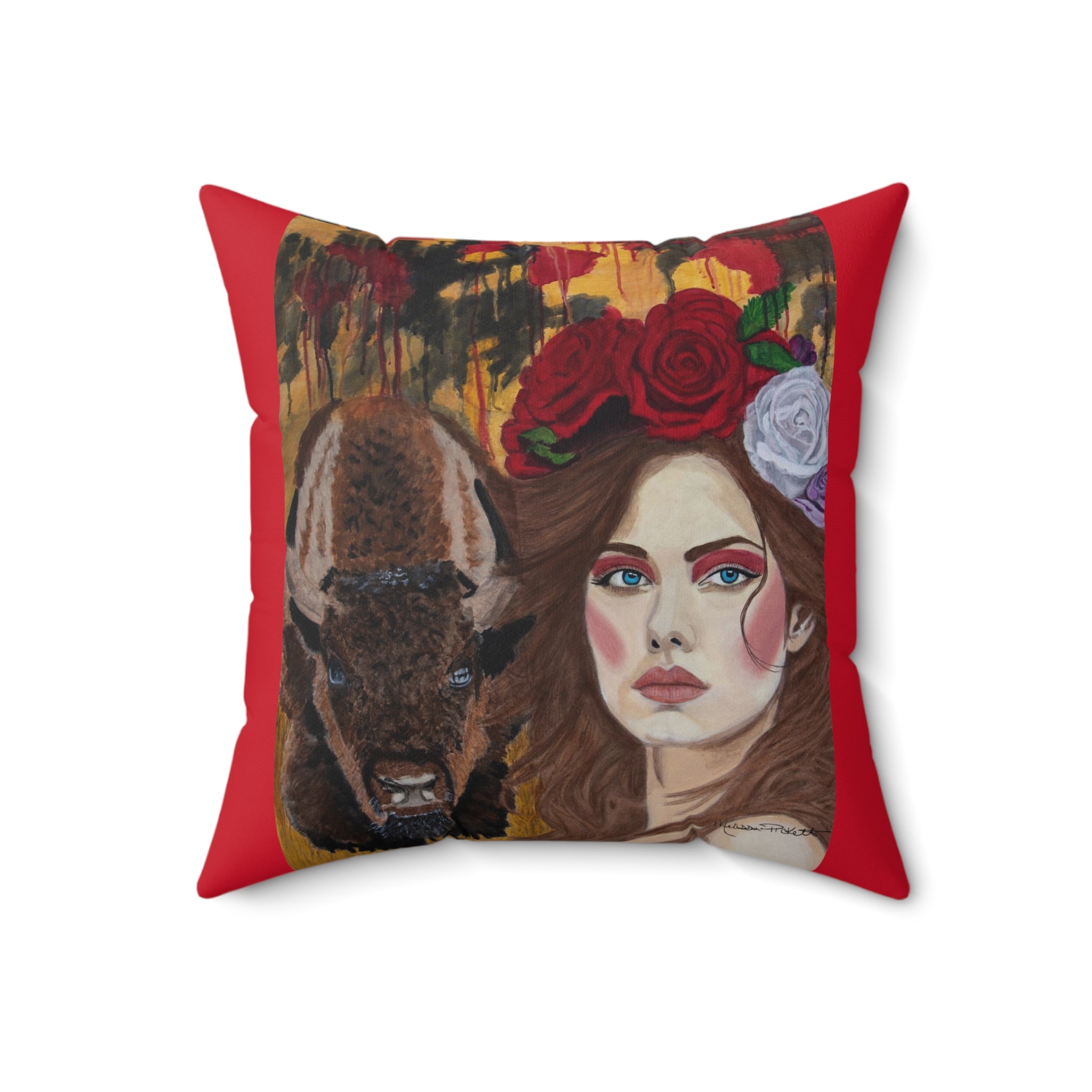 Woman & Bison | Spun Polyester Square Pillow