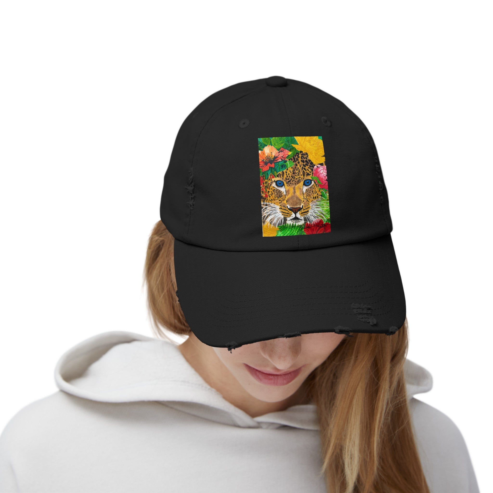 Jaguar & Flowers | Unisex Distressed Cap
