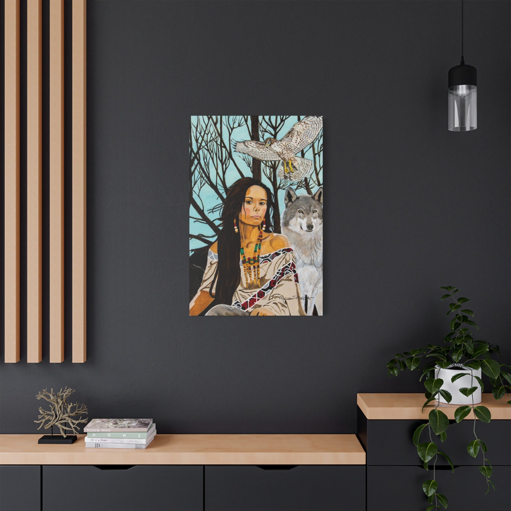 Native American Girl, Wolf, & Hawk | Satin Canvas, Stretched