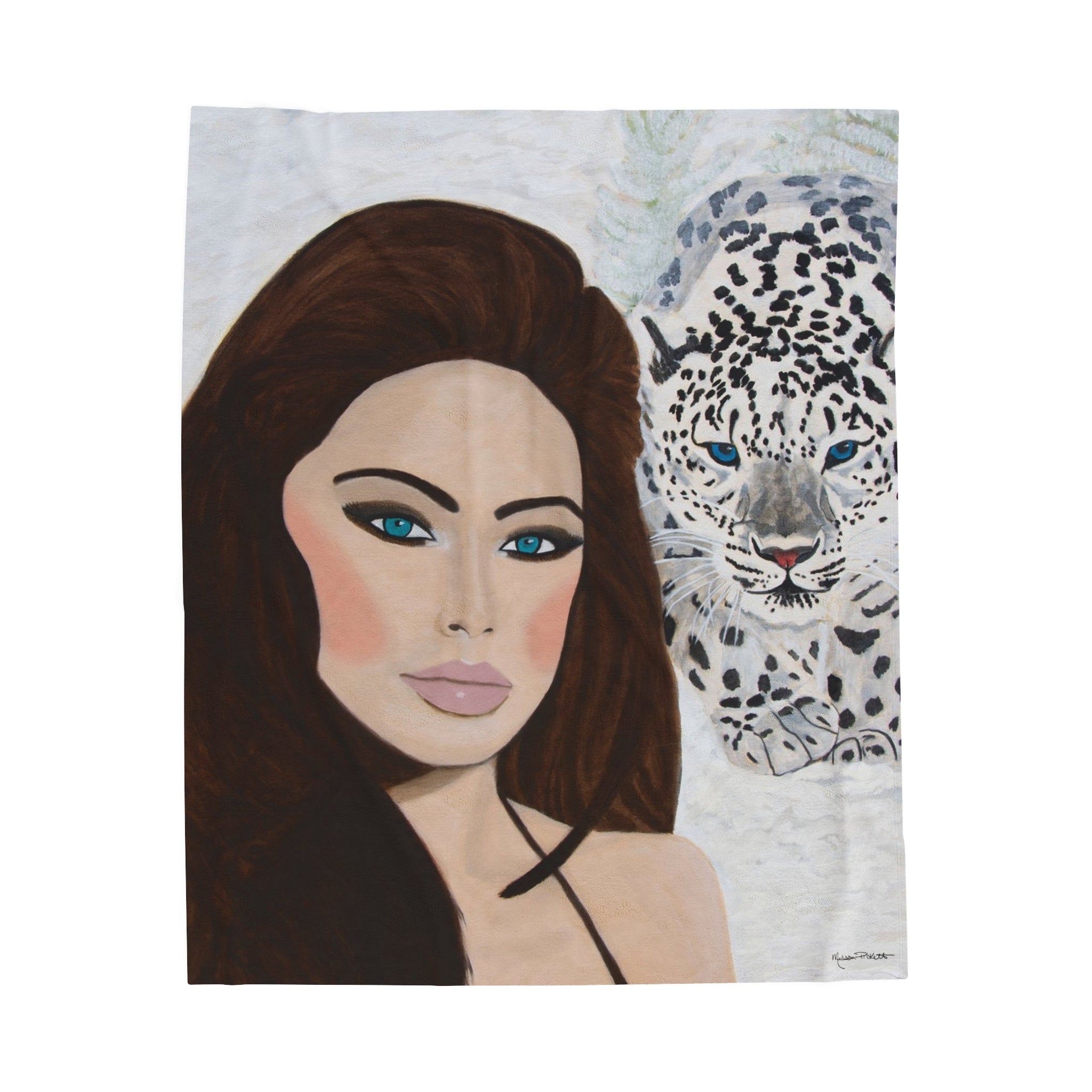 Woman & Snow Leopard | Velveteen Plush Blanket