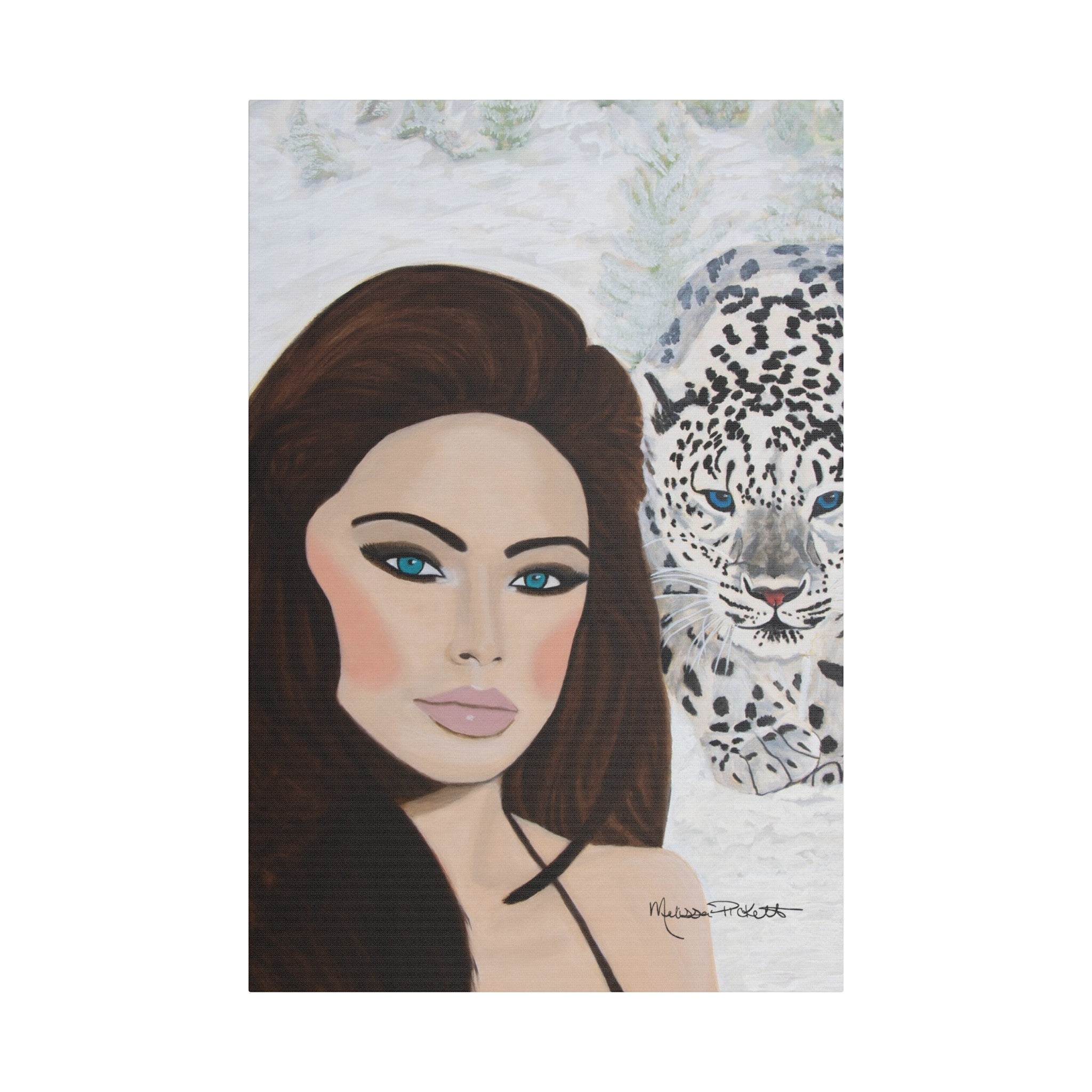 Woman & Snow Leopard | Satin Canvas, Stretched