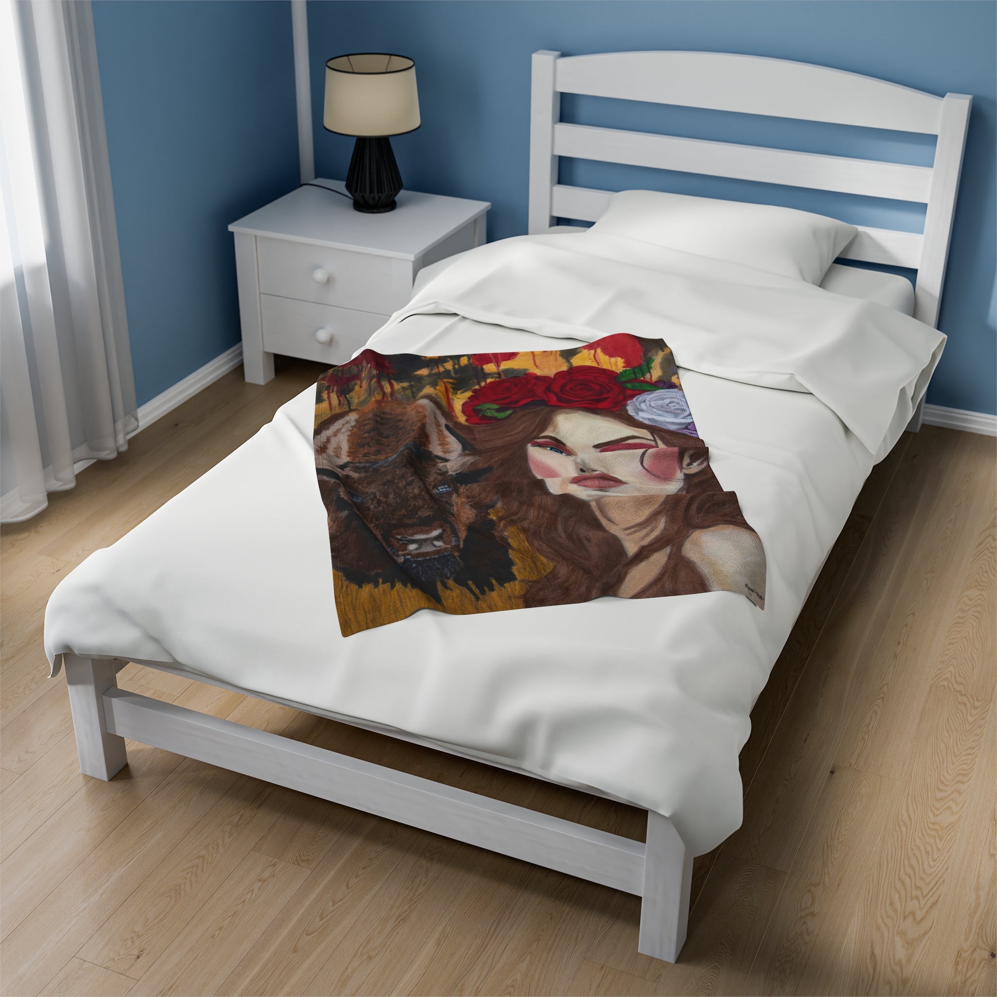 Woman & Bison | Velveteen Plush Blanket