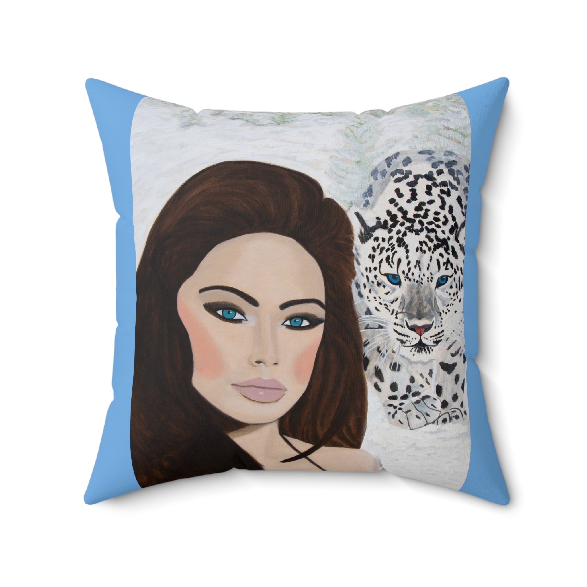 Woman & Snow Leopard | Spun Polyester Square Pillow