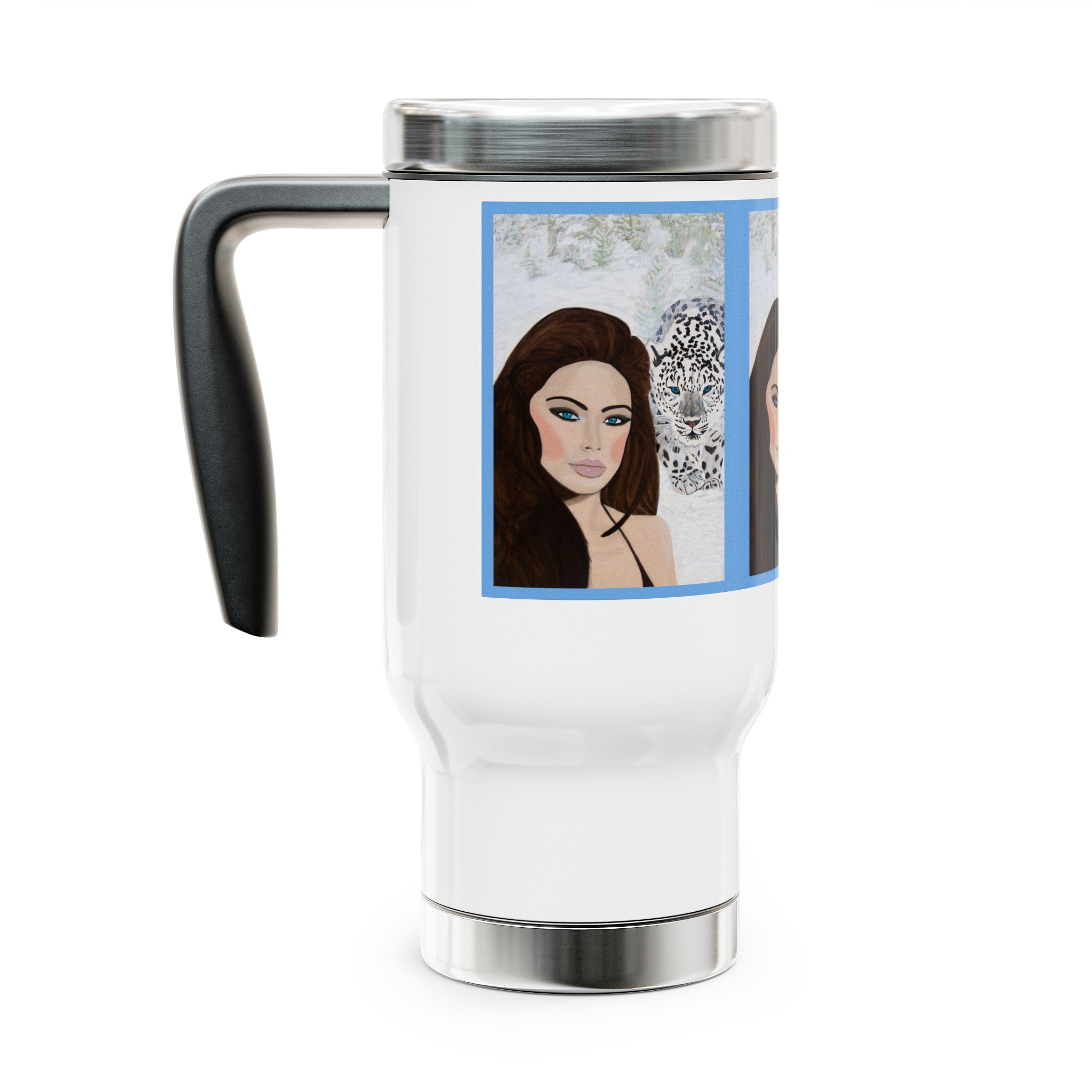 Woman & Snow Leopard | Stainless Steel Travel Mug with Handle, 14oz