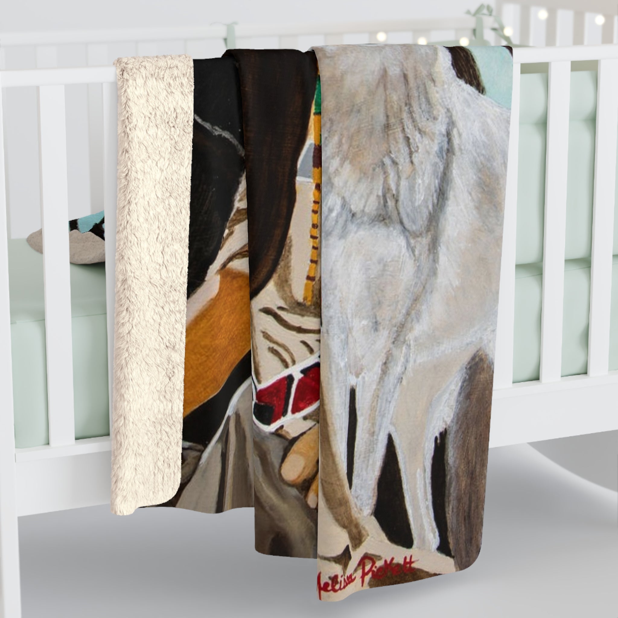 Native American Girl, Wolf, & Hawk | Sherpa Fleece Blanket