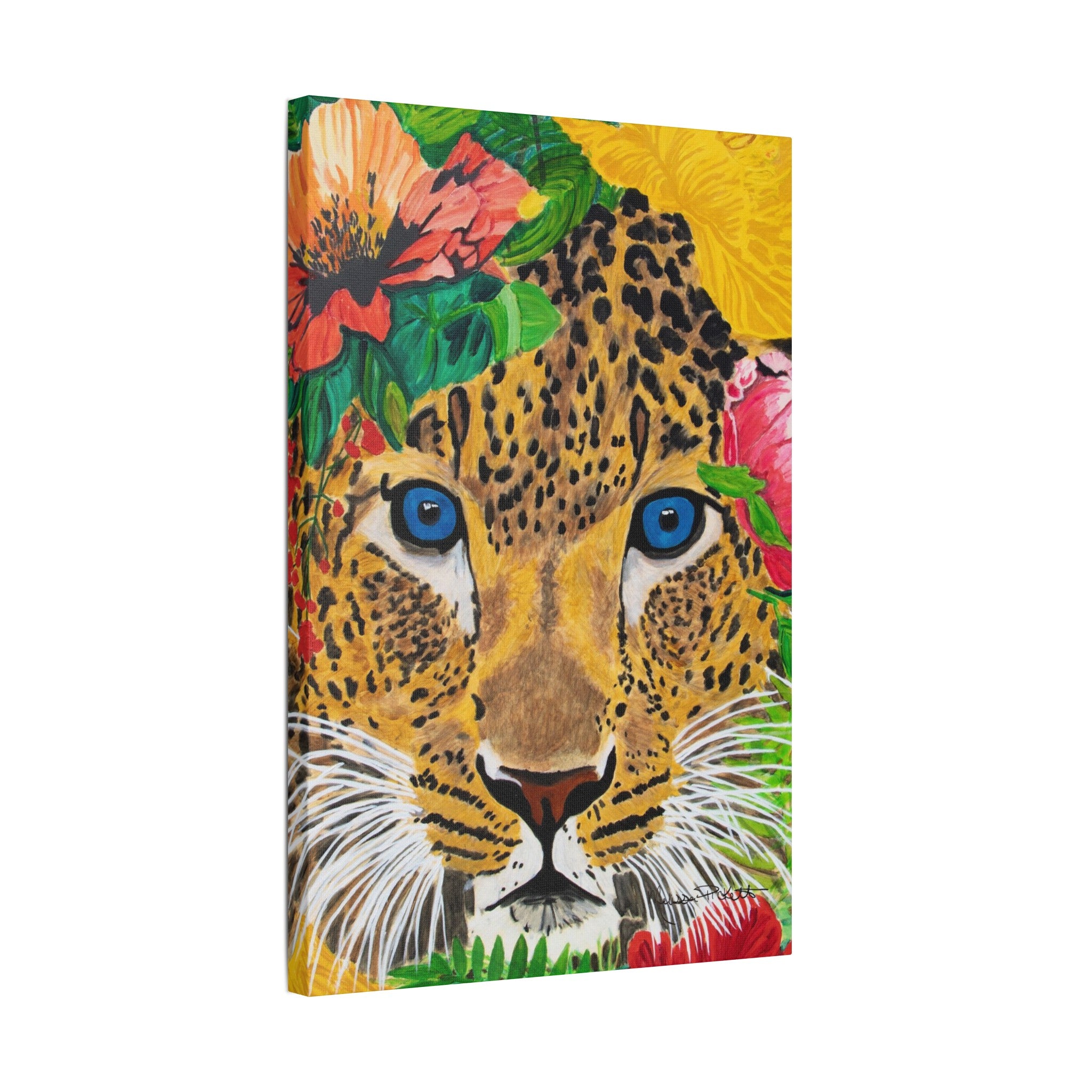 Jaguar & Flowers | Satin Canvas, Stretched