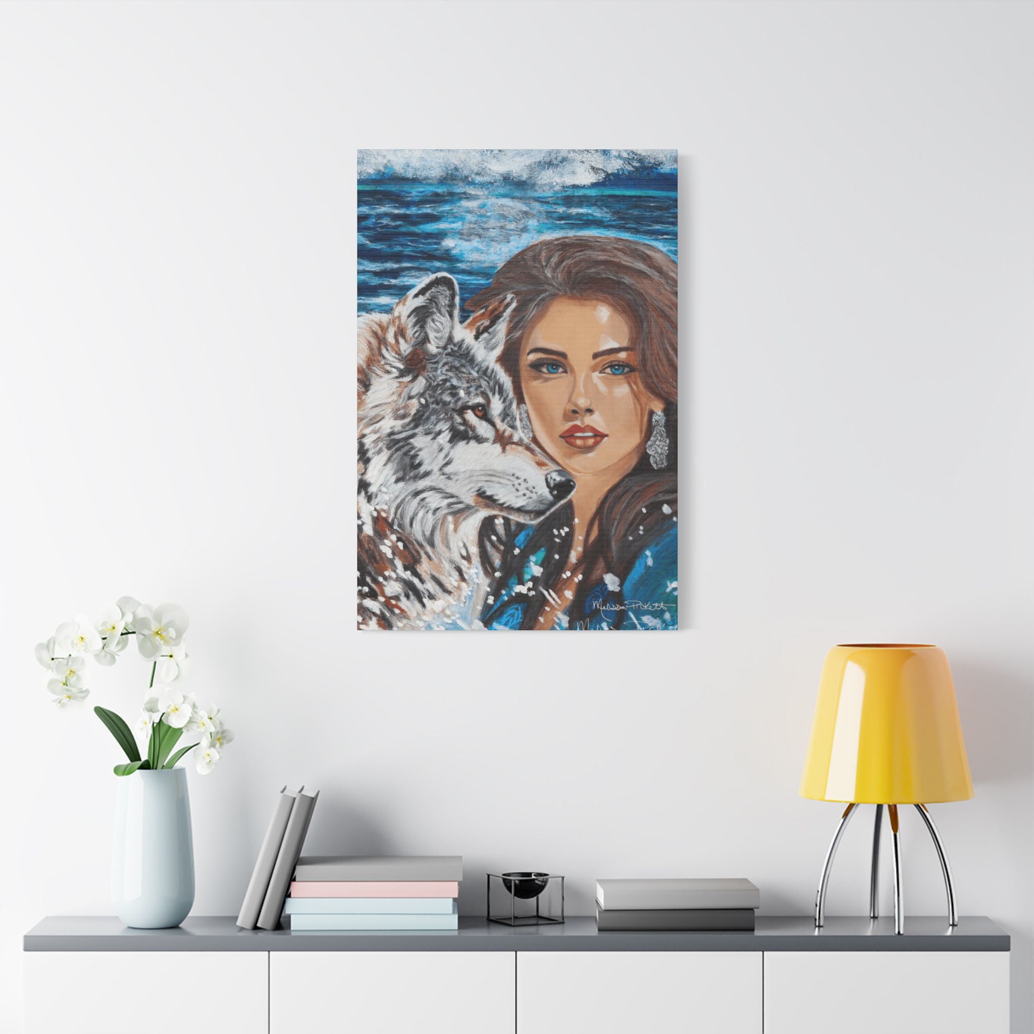 Moonlit Woman & Wolf | Satin Canvas, Stretched