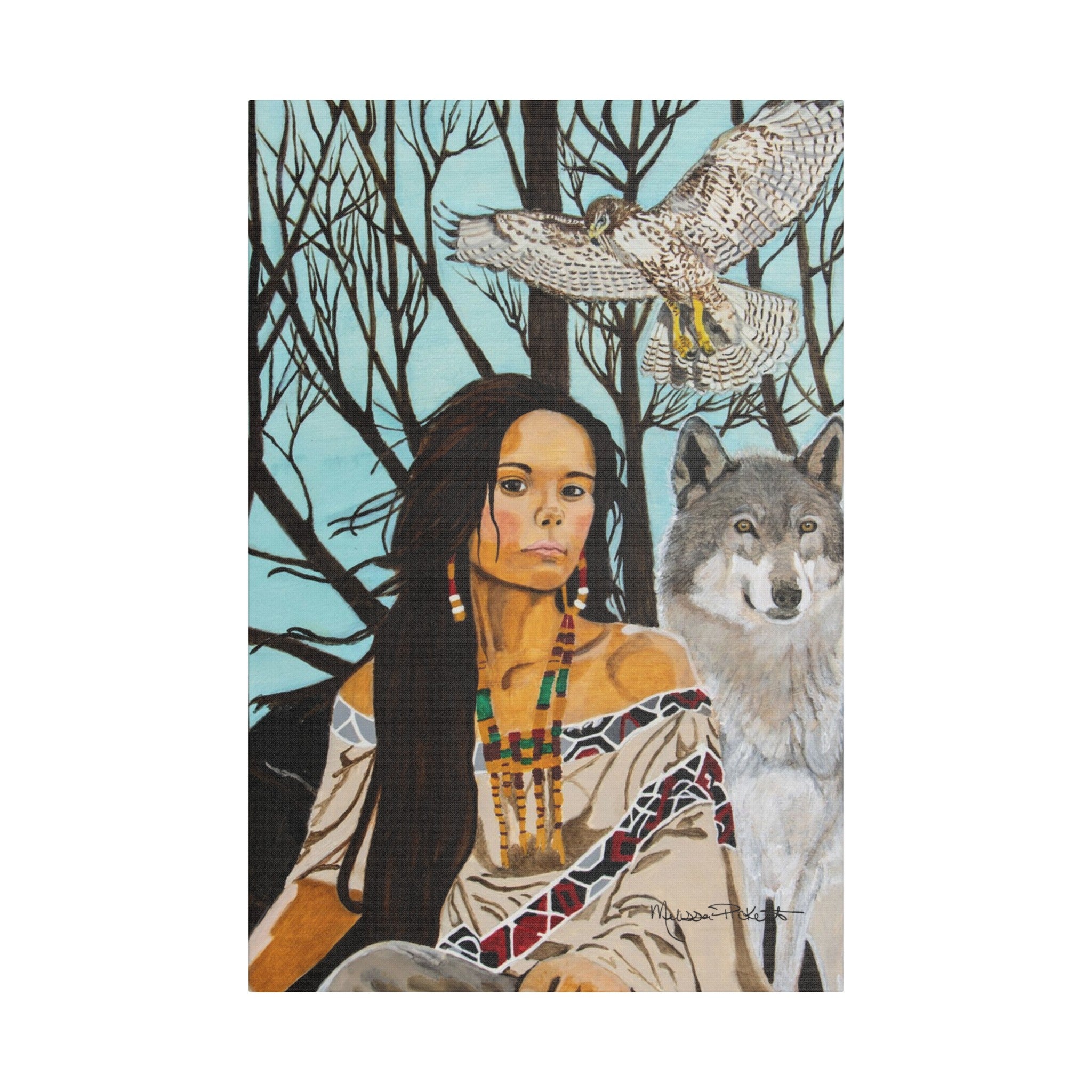 Native American Girl, Wolf, & Hawk | Satin Canvas, Stretched