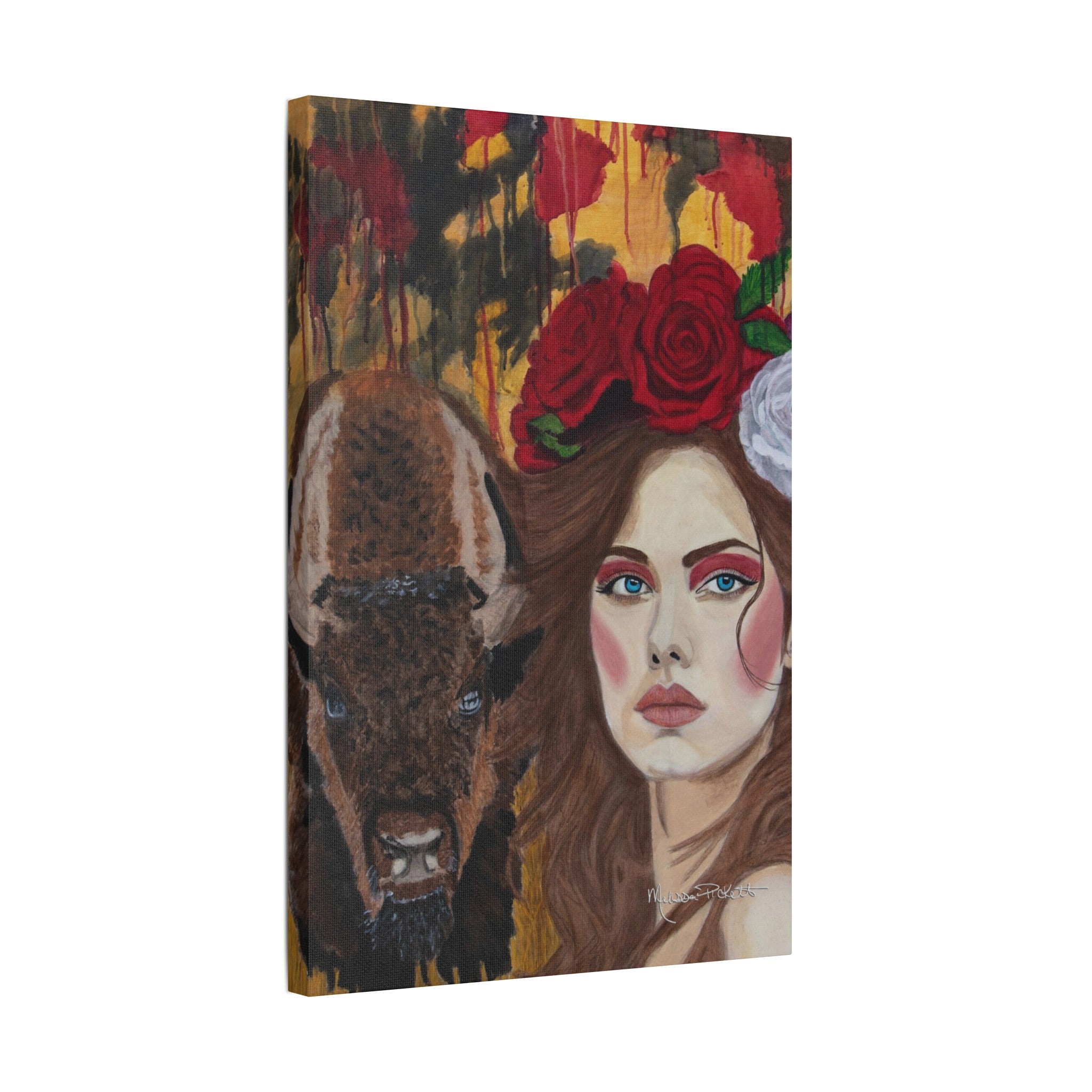 Woman & Bison | Satin Canvas, Stretched