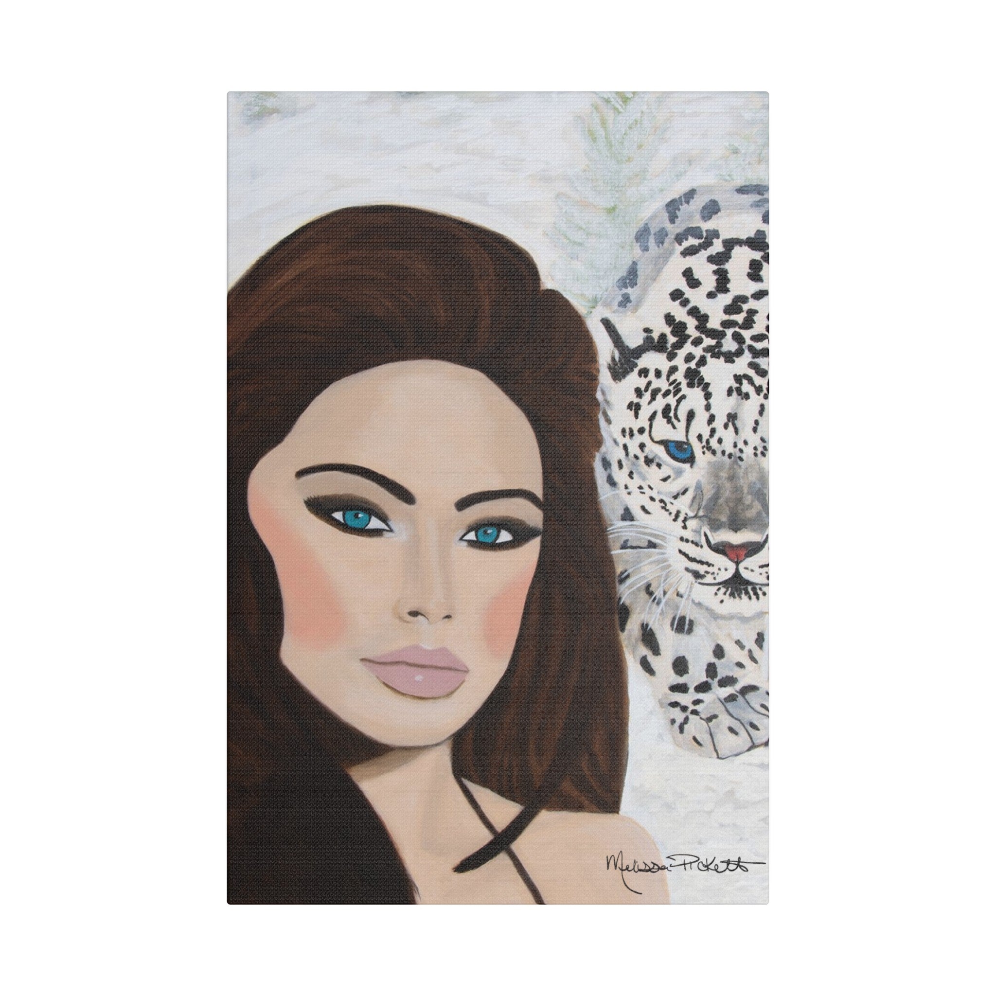 Woman & Snow Leopard | Satin Canvas, Stretched