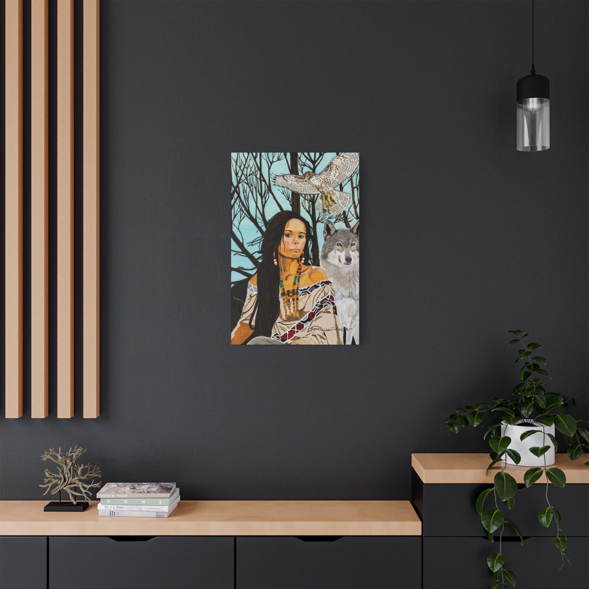 Native American Girl, Wolf, & Hawk | Satin Canvas, Stretched