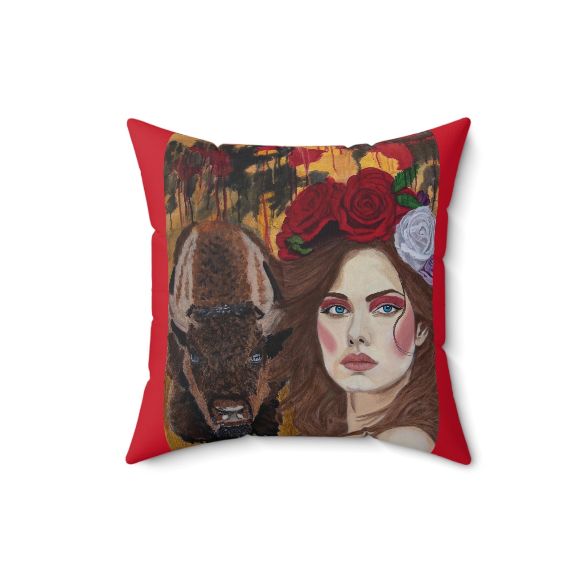 Woman & Bison | Spun Polyester Square Pillow