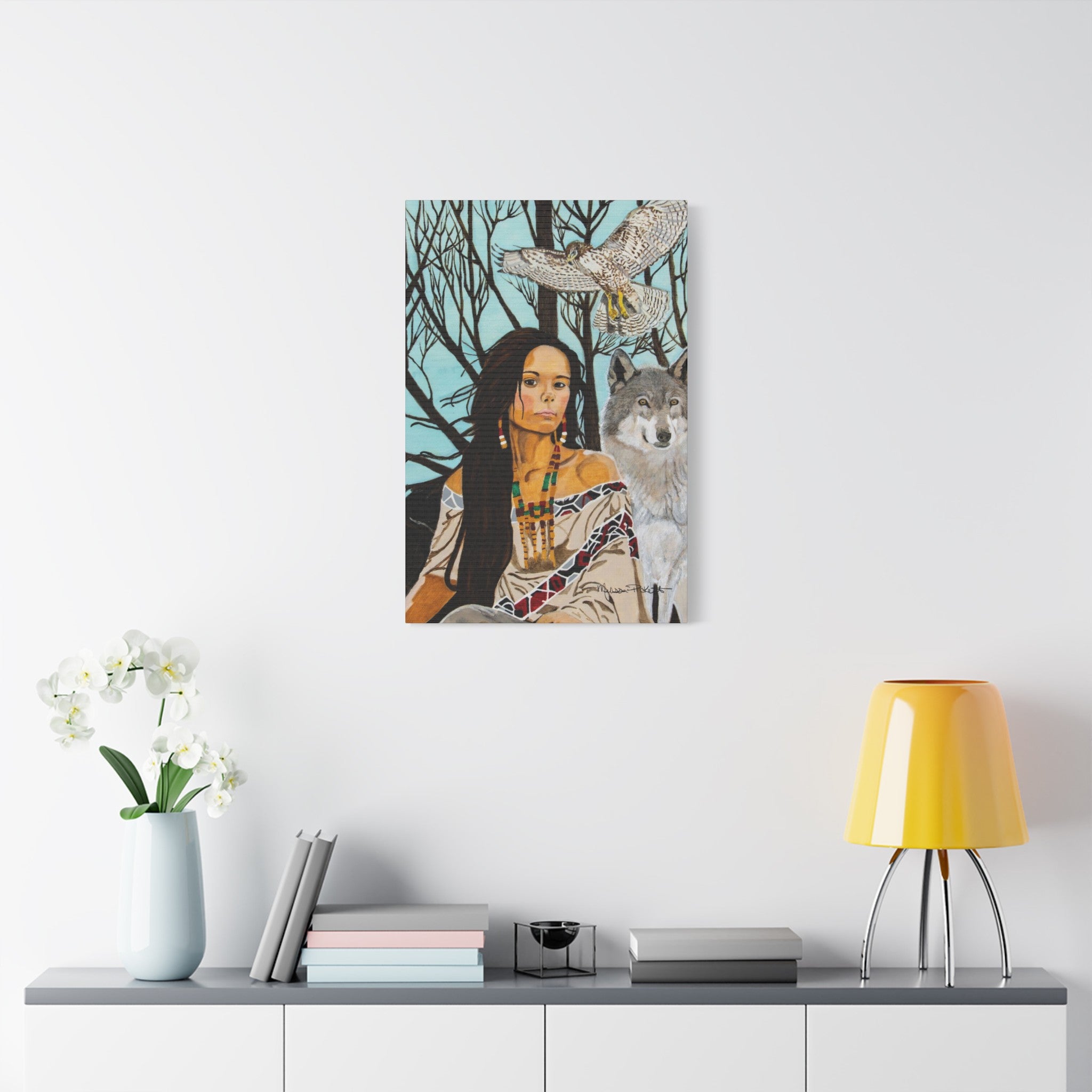 Native American Girl, Wolf, & Hawk | Satin Canvas, Stretched