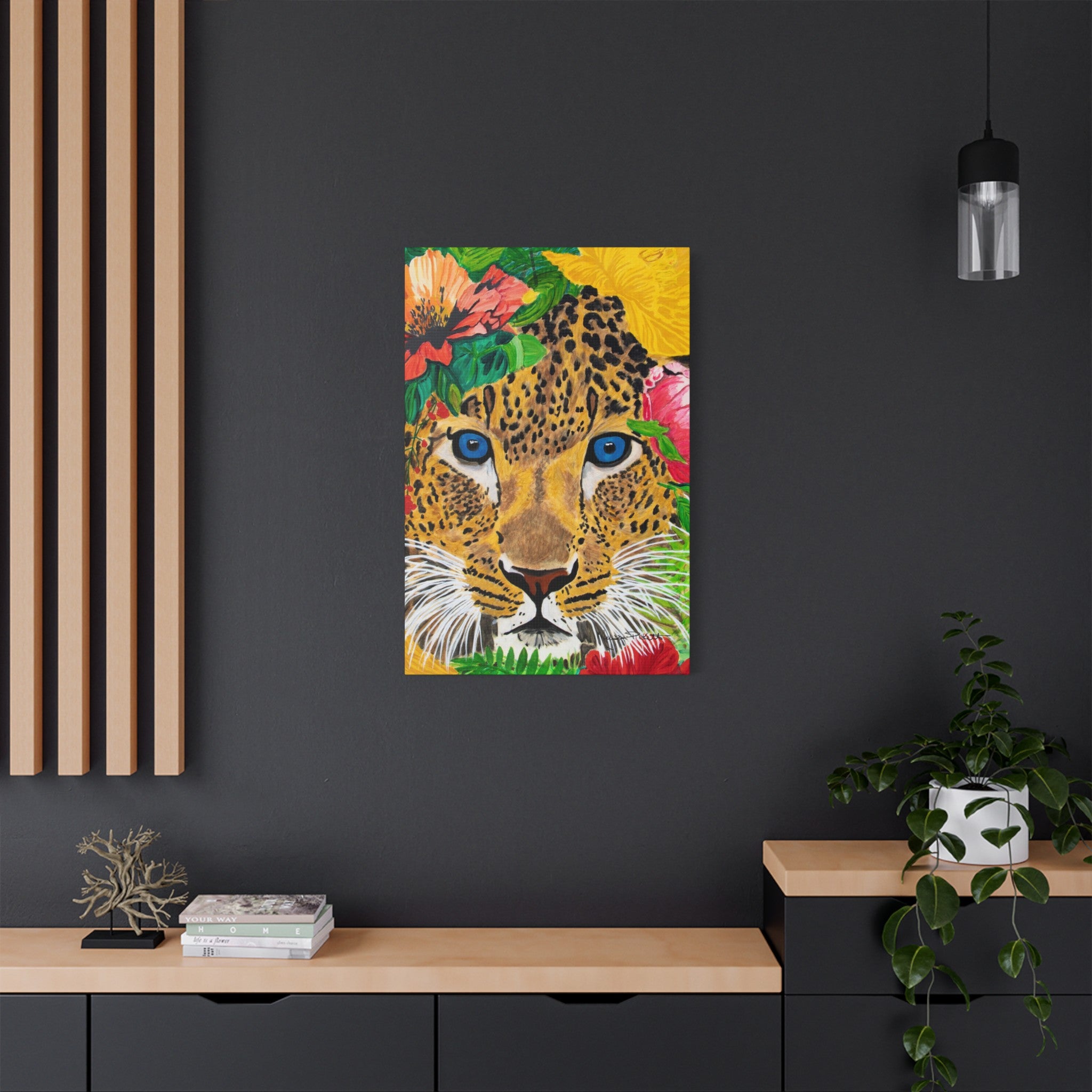 Jaguar & Flowers | Satin Canvas, Stretched