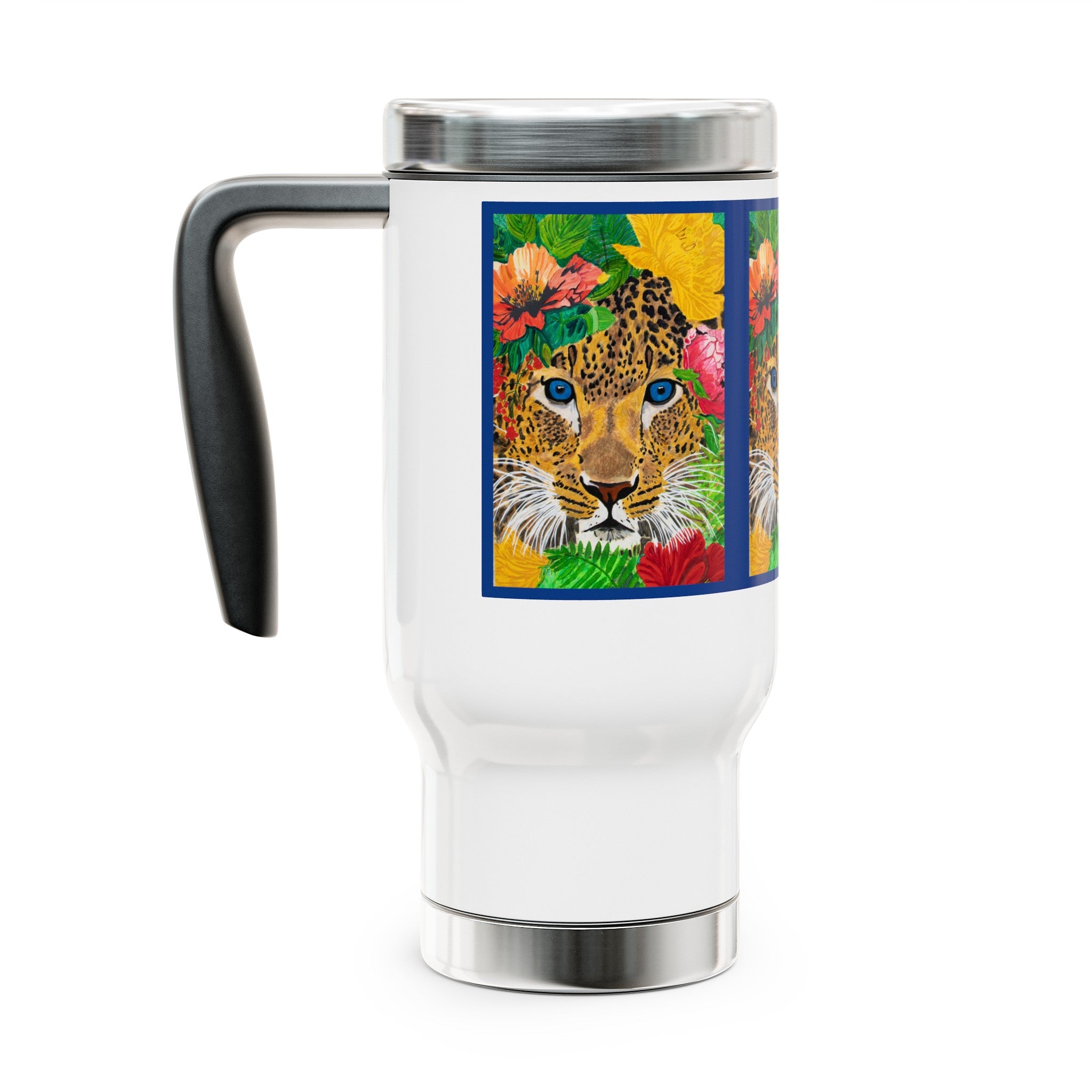 Jaguar & Flowers | Stainless Steel Travel Mug with Handle, 14oz