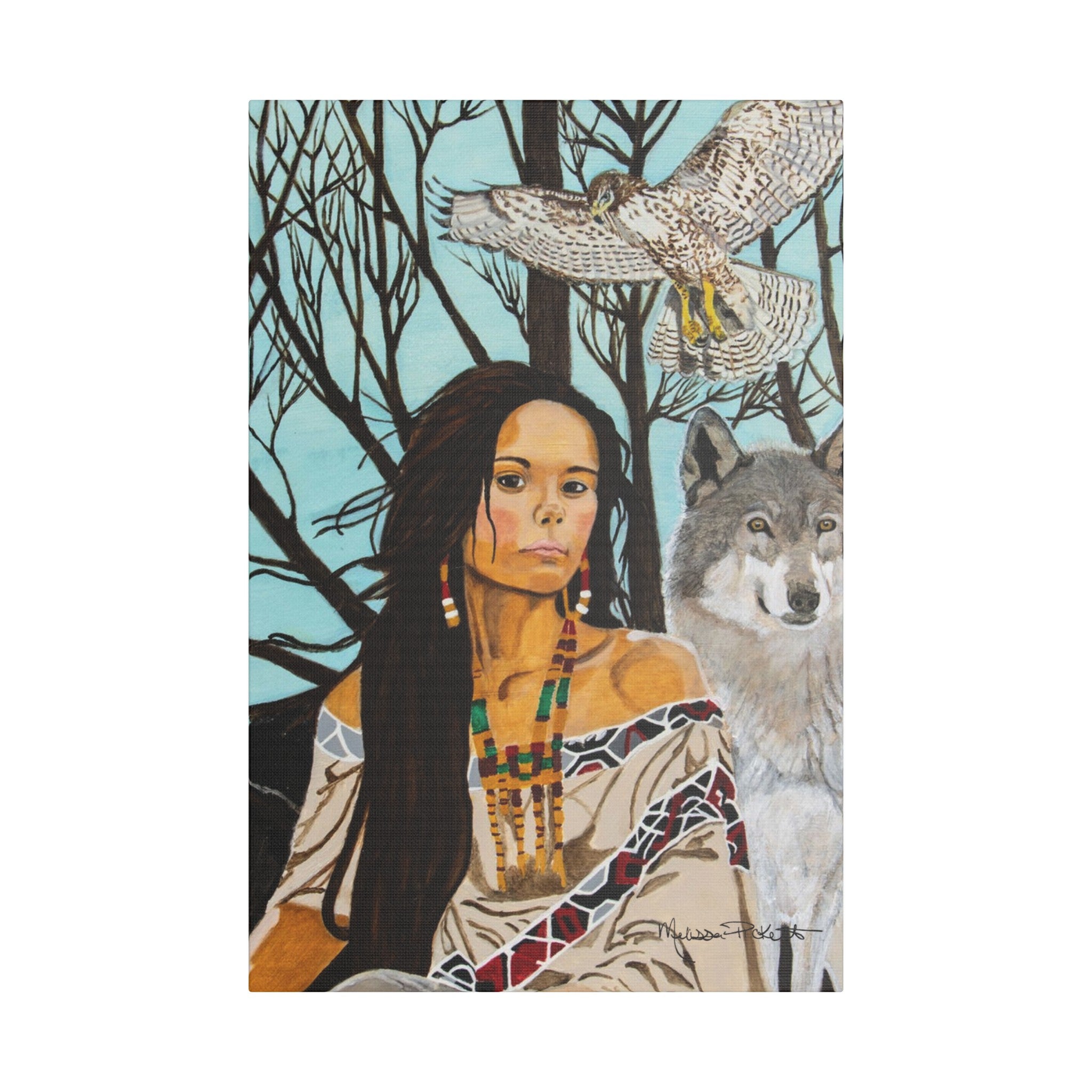 Native American Girl, Wolf, & Hawk | Satin Canvas, Stretched