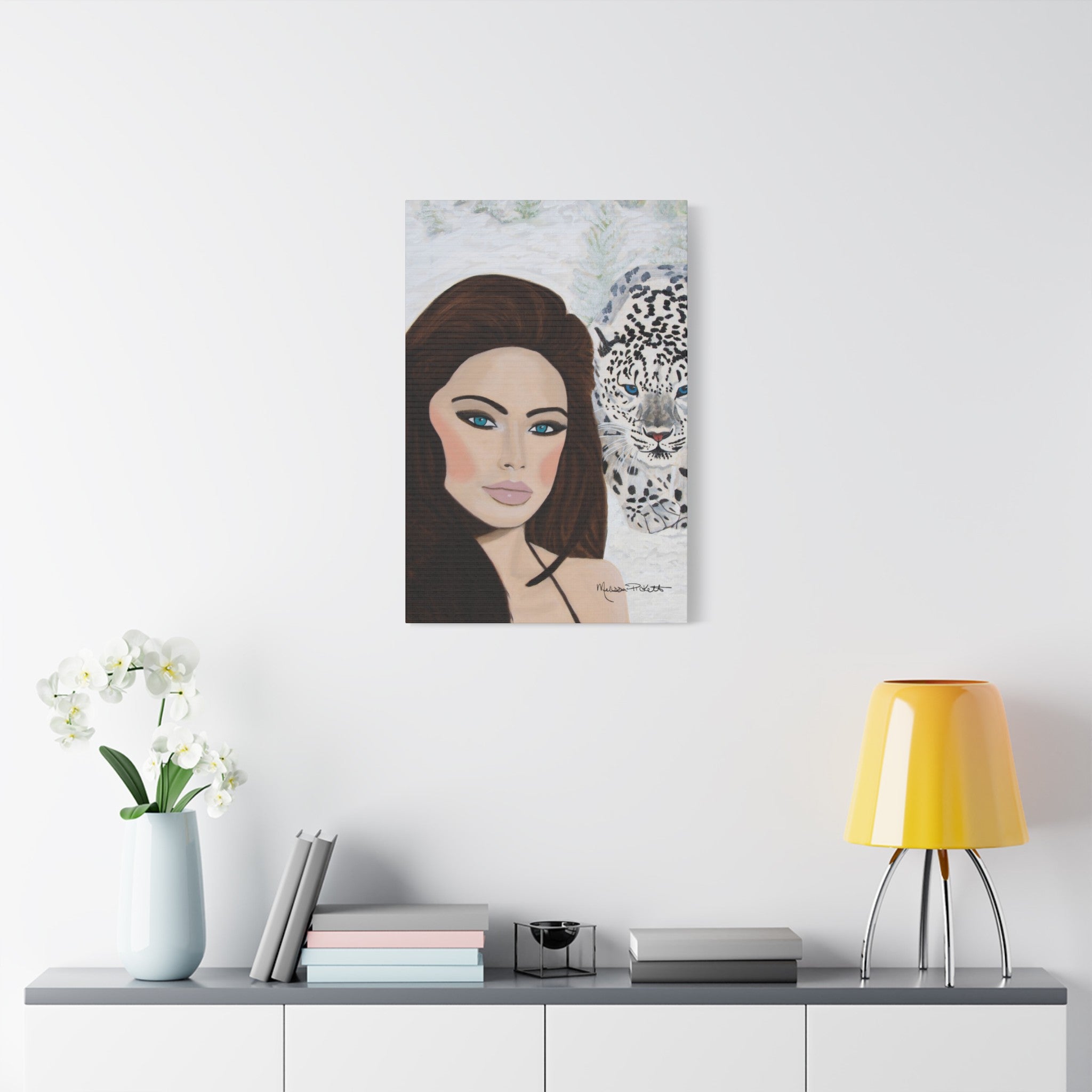 Woman & Snow Leopard | Satin Canvas, Stretched