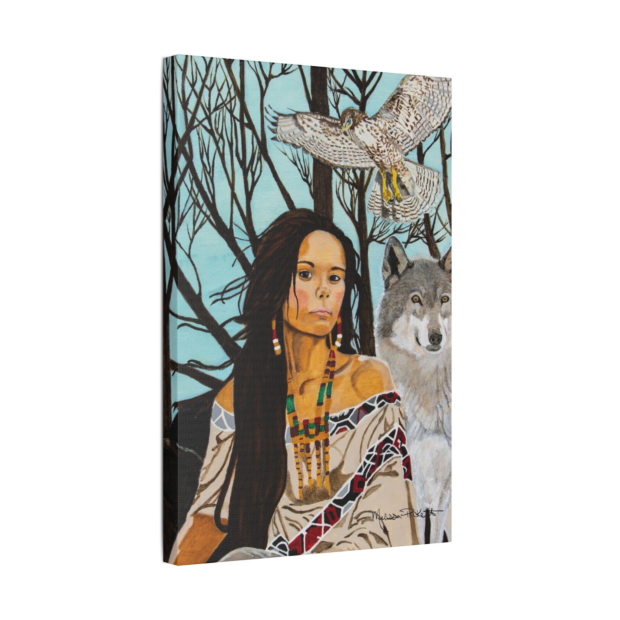 Native American Girl, Wolf, & Hawk | Satin Canvas, Stretched