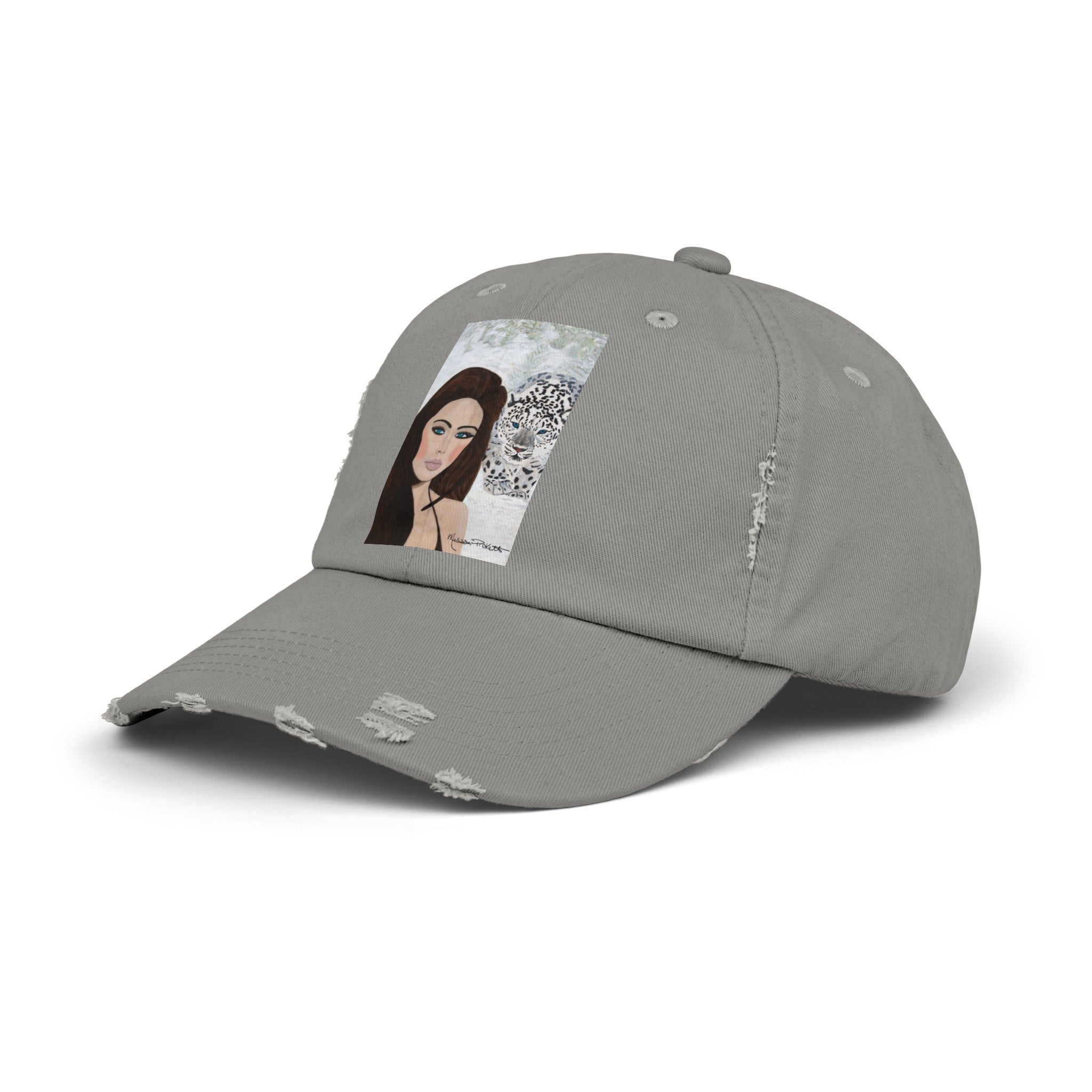 Woman & Snow Leopard | Unisex Distressed Cap